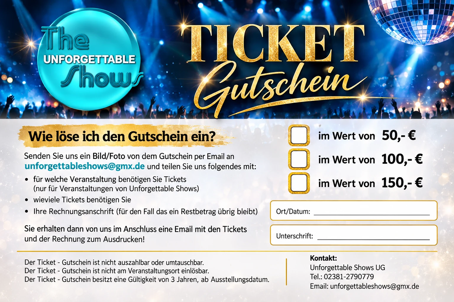 Rückseite des Gutscheins mit Einlösehinweisen und Wertfeldern